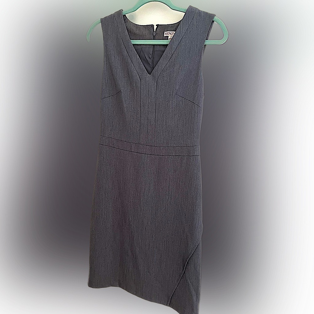 Merona Shift Dress, Fitted, Size 2, V Neck, Knee Length, Steel Gray, Fully Lined